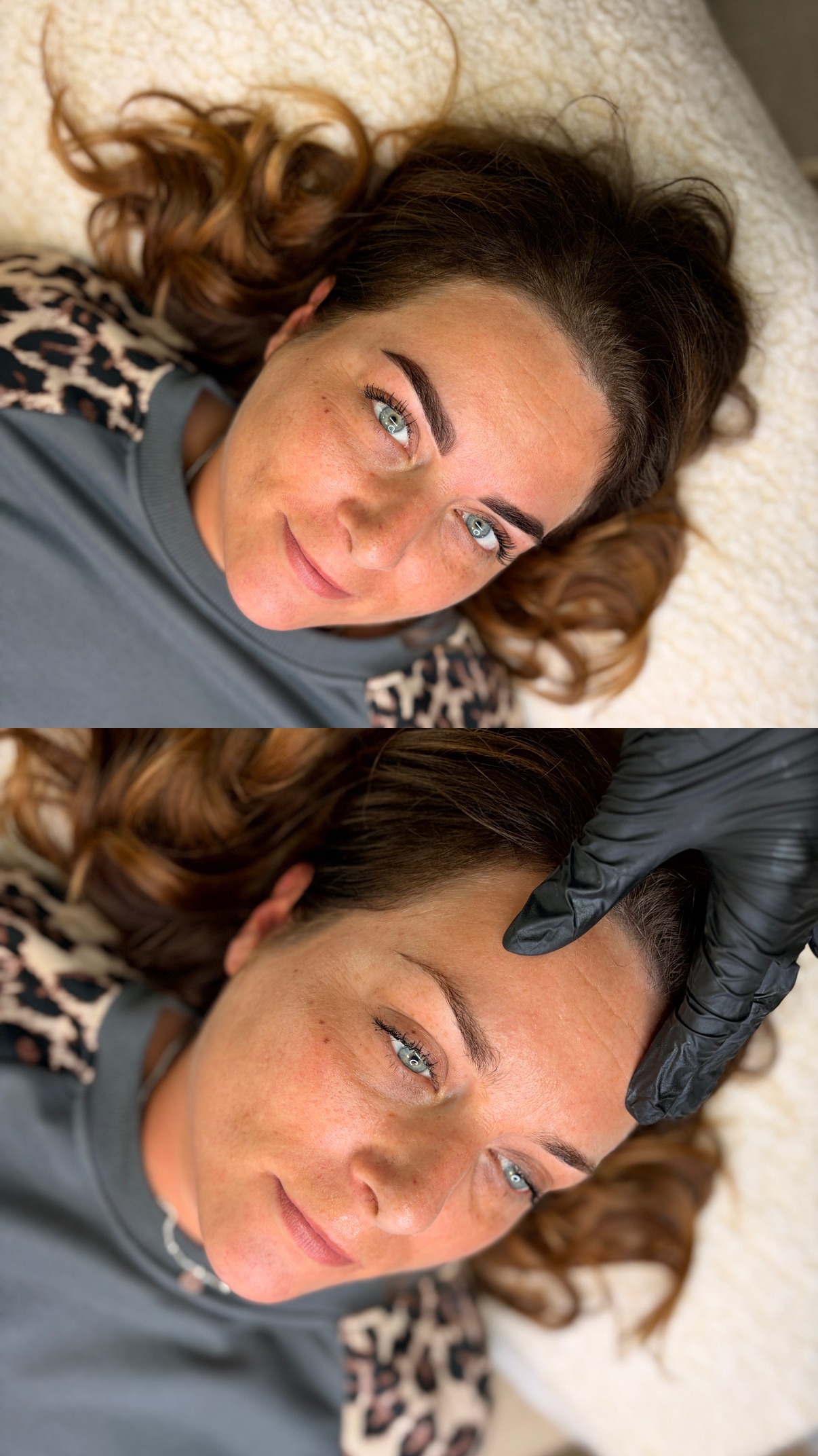Twee foto's van dezelfde klant tijdens en na de wenkbrauwbehandeling